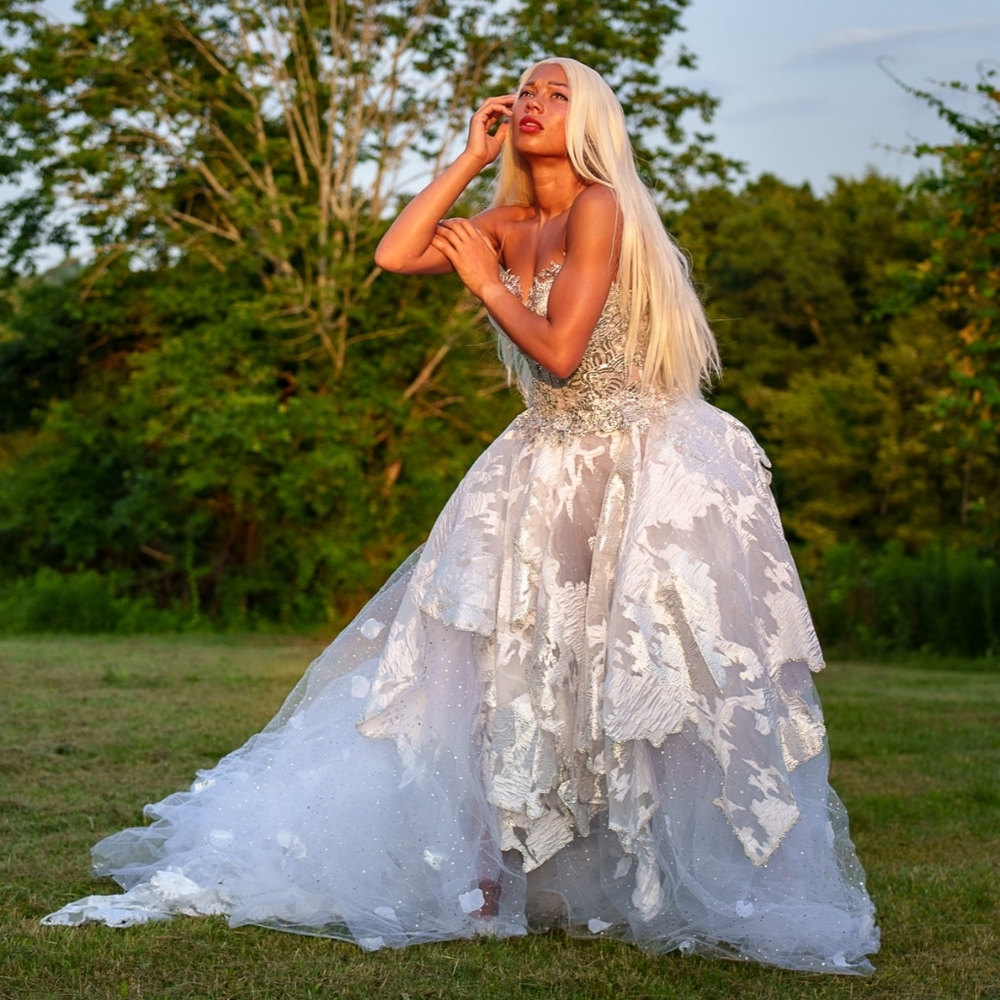 PRINCESS RUTH White & Silver Organza Lace Crystal Ethereal Wedding Ballgown Set